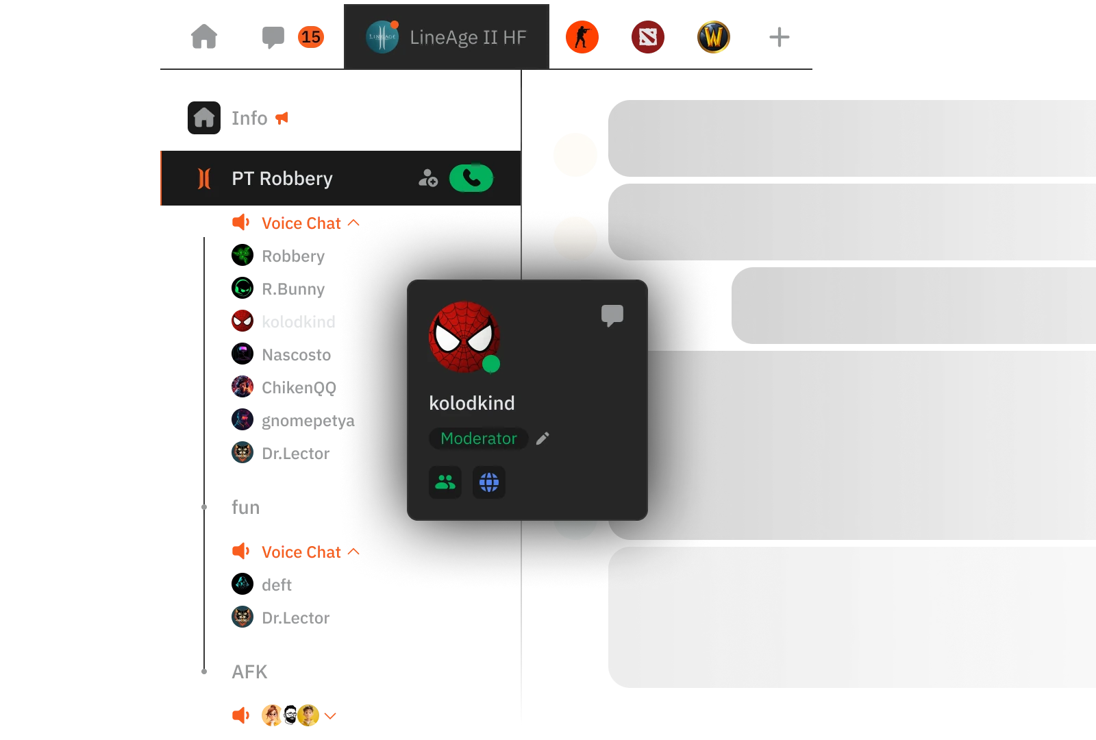 Pole server interface with voice channels and a member profile